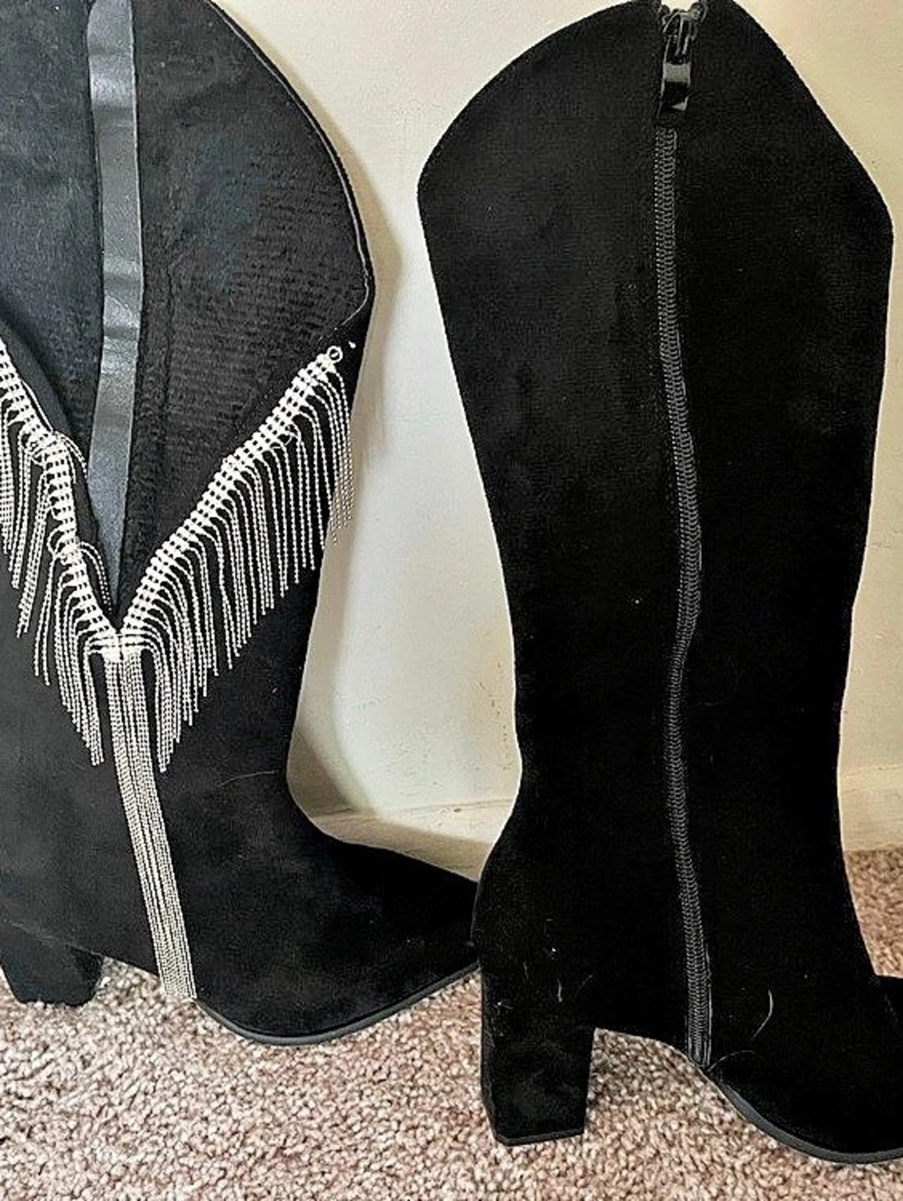 Black Fringe Heeled Boots Like New